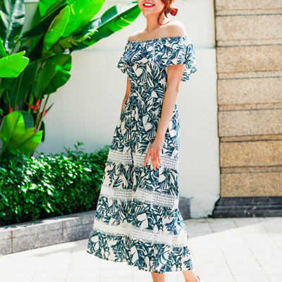 Đầm Maxi Hoa Đầm Dài Trễ Vai Thời trang thiết kế Hity DRE125 (In Lá Xanh)