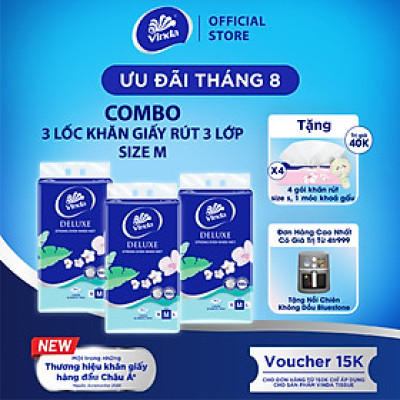 [MUA 3 LỐC KHĂN RÚT SIZE M TẶNG 1 LỐC SIZE S + 1 MÓC KHÓA] Khăn giấy rút cao cấp Vinda Deluxe 3 lớp 90 tờ size M (5 Gói)
