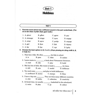 Đề Kiểm Tra Tiếng Anh Lớp 7 ( Dùng Kèm Sách Giáo khoa Kết Nối )