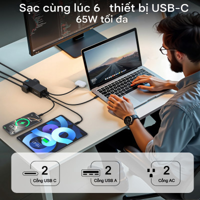 Bộ sạc nhanh GaN Pro 65W (2 Type C+ 2 USB-A) Choetech PD8054 kèm dây AC nối dài 1.5m - Hàng chính hãng
