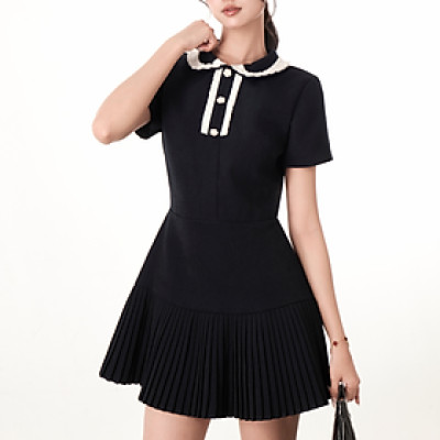 Đầm ngắn dáng A cổ phối ren tiểu thư tay phồng công sở Poise Miều Est.2013