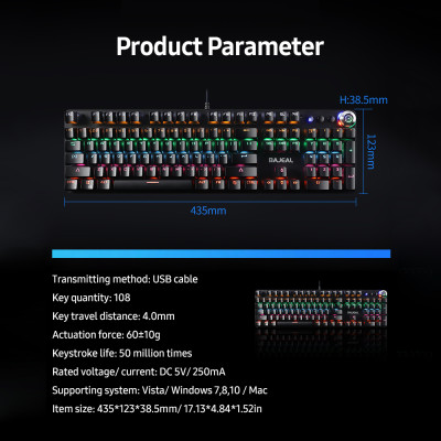 Bàn phím cơ có dây BAJEAL chơi game có đèn nền LED,di chuyển với Công tắc màu xanh