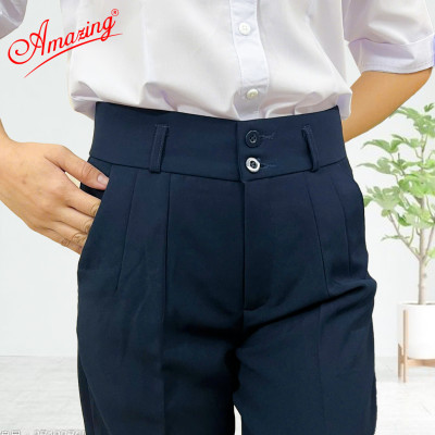 Quần nữ Amazing lưng cao 2 nút đồng phục học sinh vải tuyết mưa dày mềm không nhăn màu xanh đen và đen