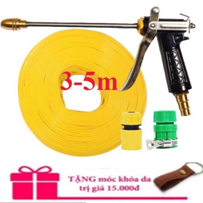  Bộ dây vòi xịt nước rửa xe, tưới cây . tăng áp 3 lần,loại 3m,5m 206318 đầu đồng,cút,nối nhựa vàng+ tặng móc khoá